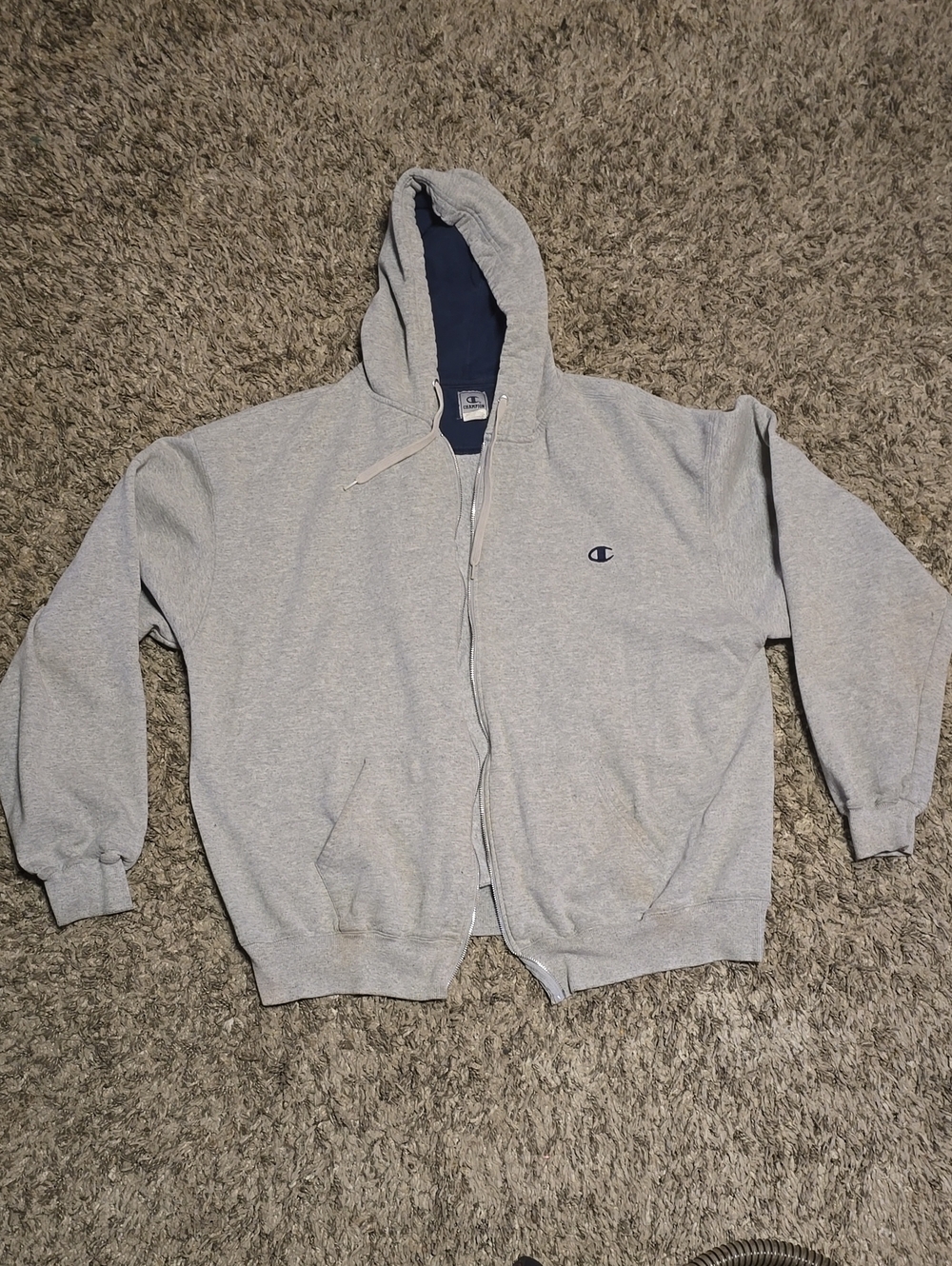 Champion Men’s Light Gray Full-Zip Hoodie with Navy Lining (No Zipper)
